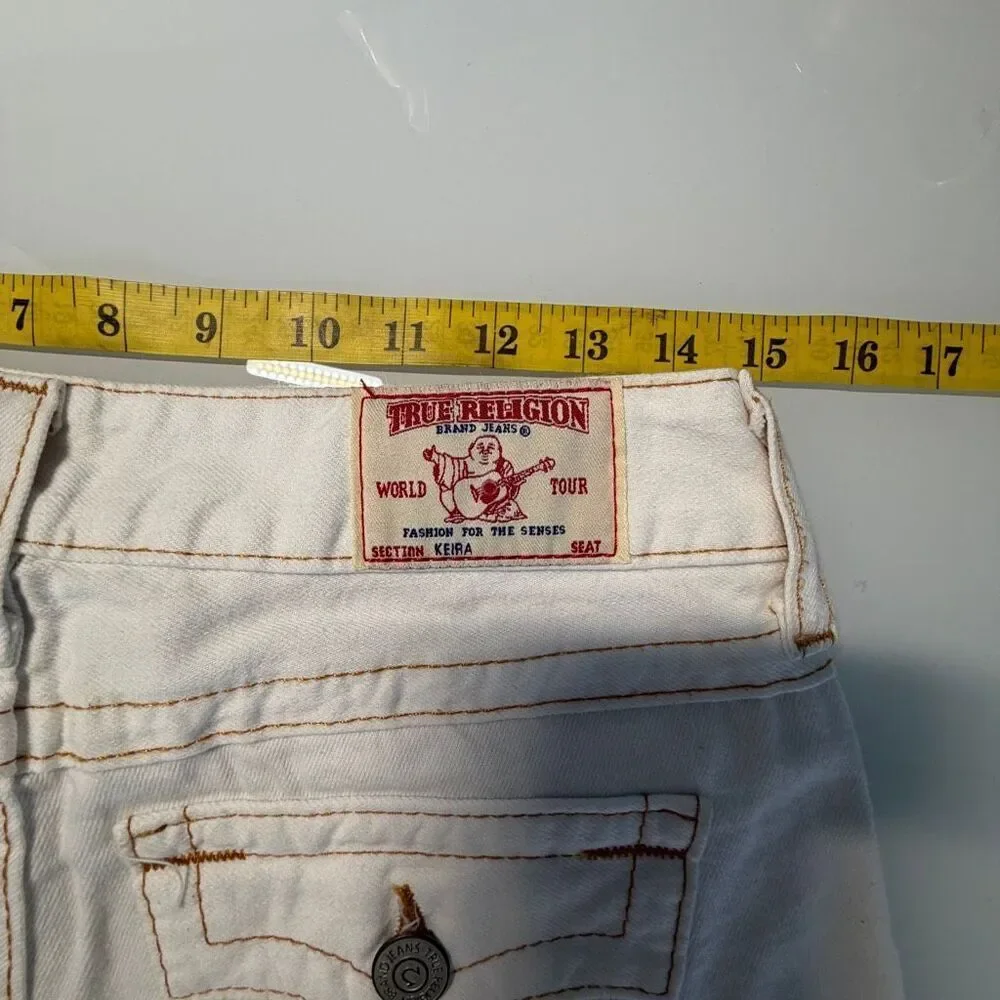 Vintage True Religion White Distressed Joey Cut Off Embellished Shorts Size 26